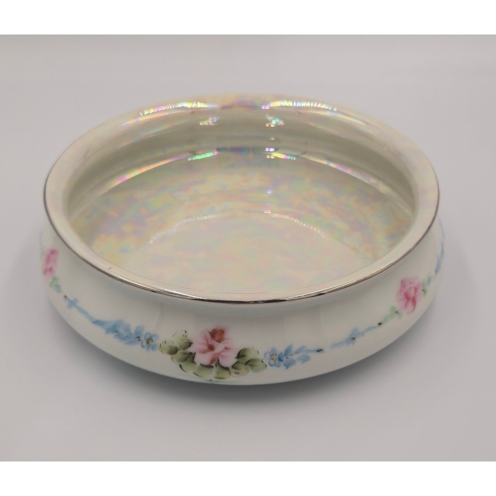 Vintage Ohio Pottery Iridescent Lusterware Floral Bowl Pink Rose Hand Decorated
